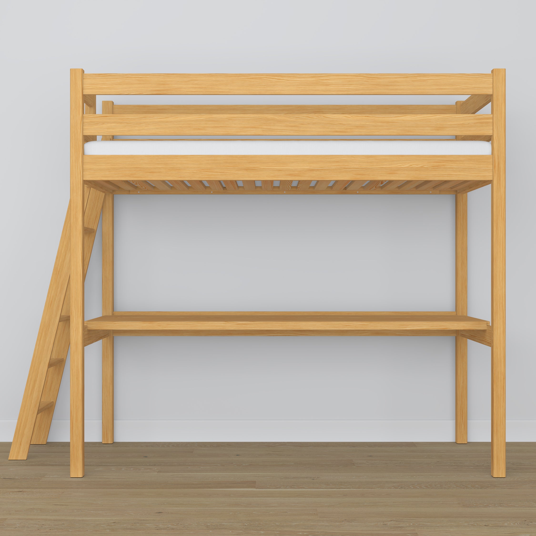 Loft bed natural pine with desk – study space under the sleeping area, wooden