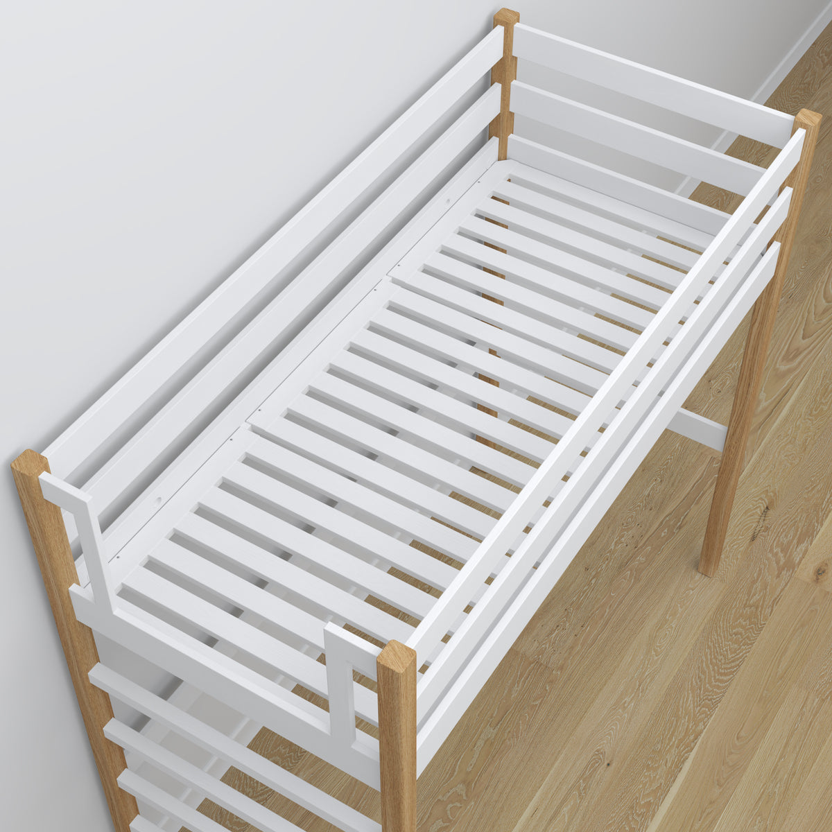 White and Oak Wooden Loft Bed with Desk – Ladder and Joint Details