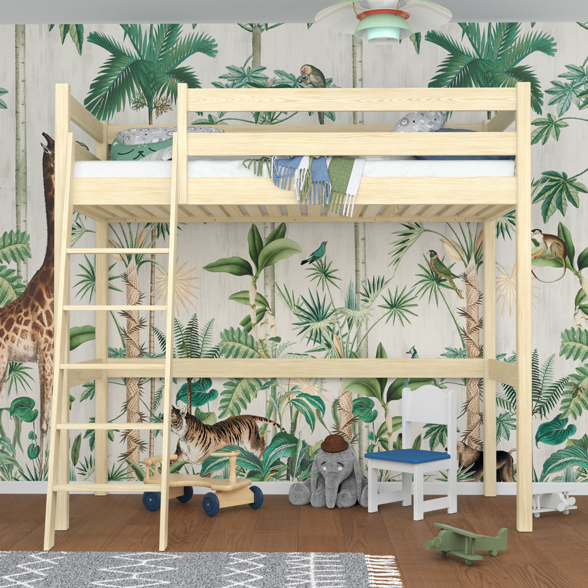 Loft bed clear pine – wooden ladder and safety rail, Nizio Home