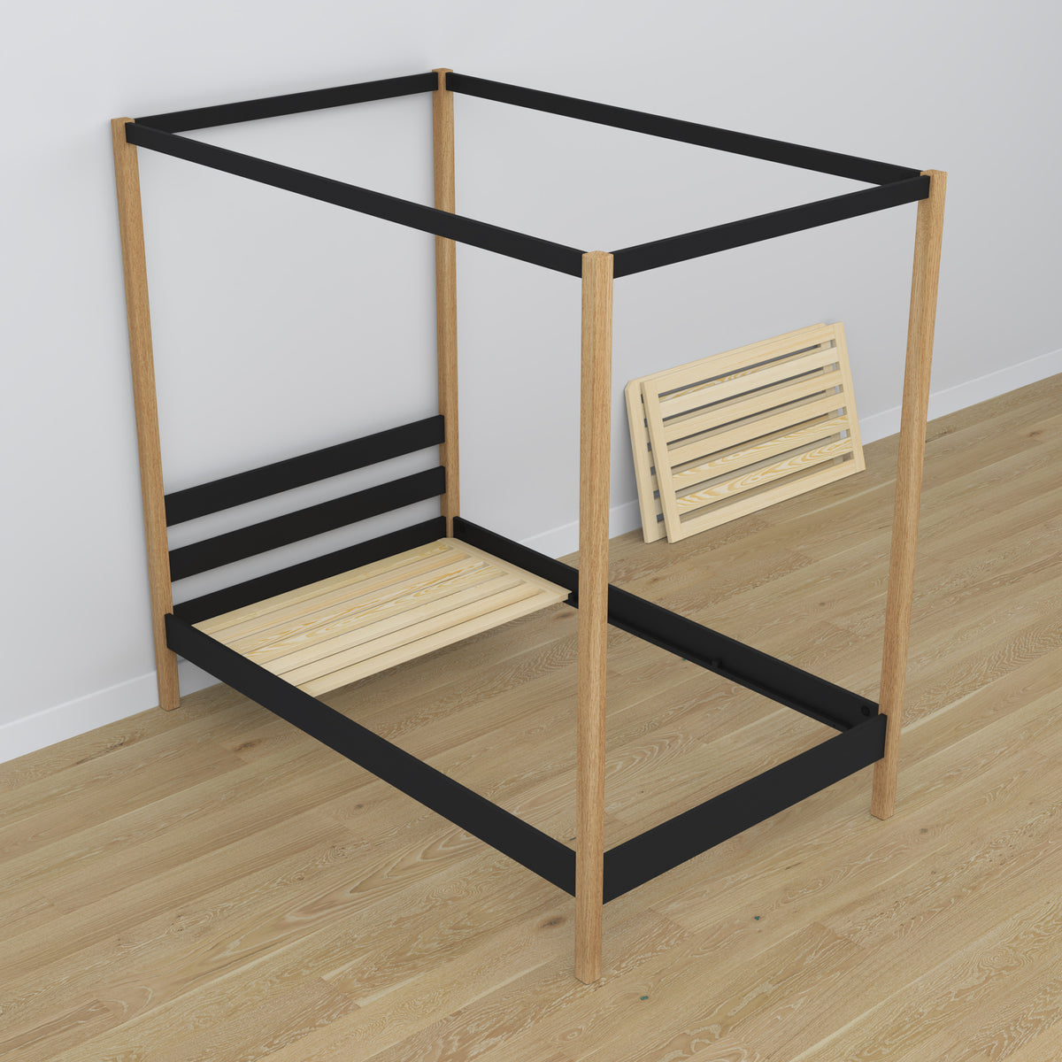Wooden black-oak canopy bed – scandi child’s room arrangement