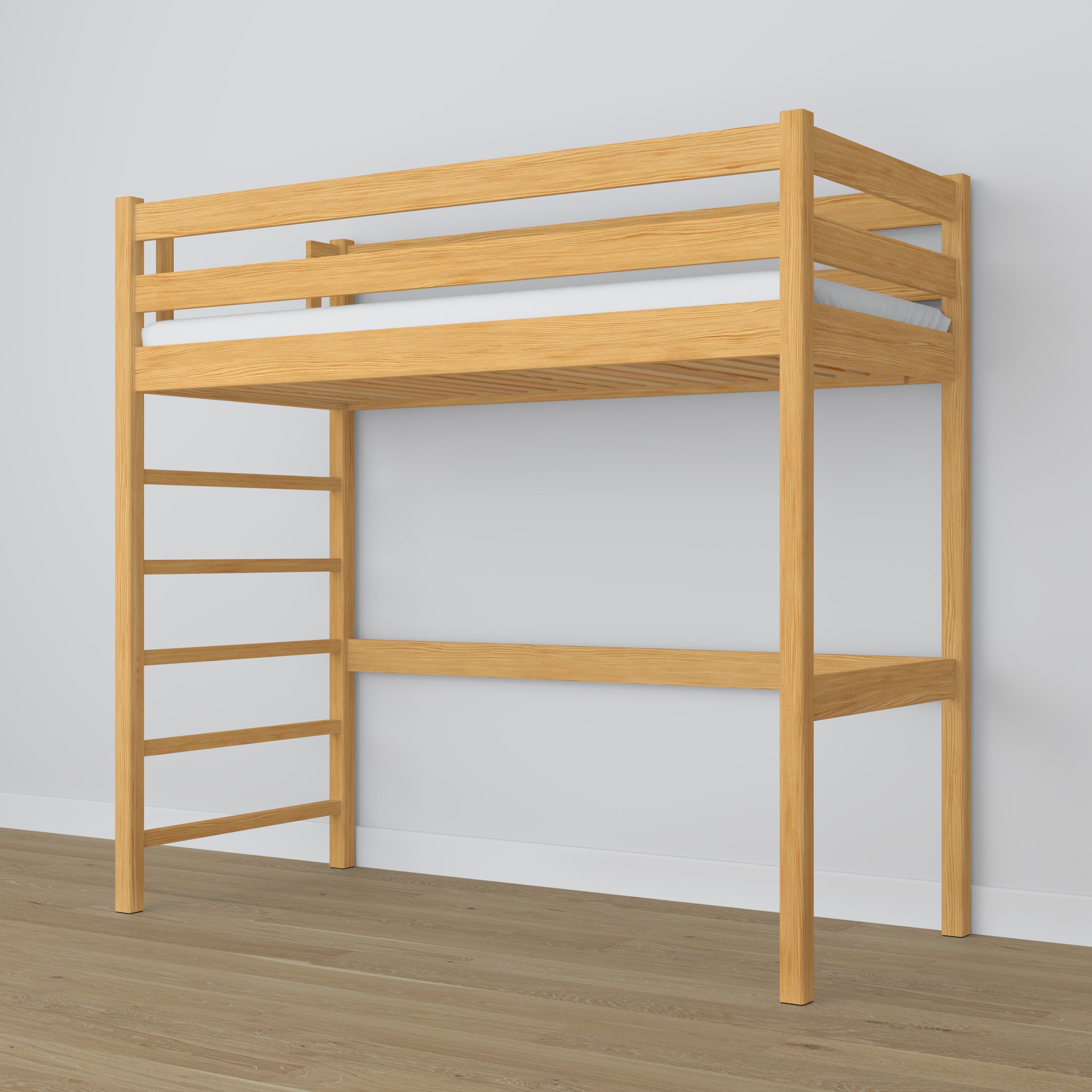 Natural Pine Wooden Loft Bed – Slatted Frame, Side View