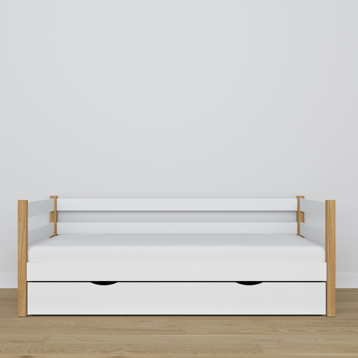 White-oak sofa bed with drawer made of wood – dimensions and diagram, Nizio