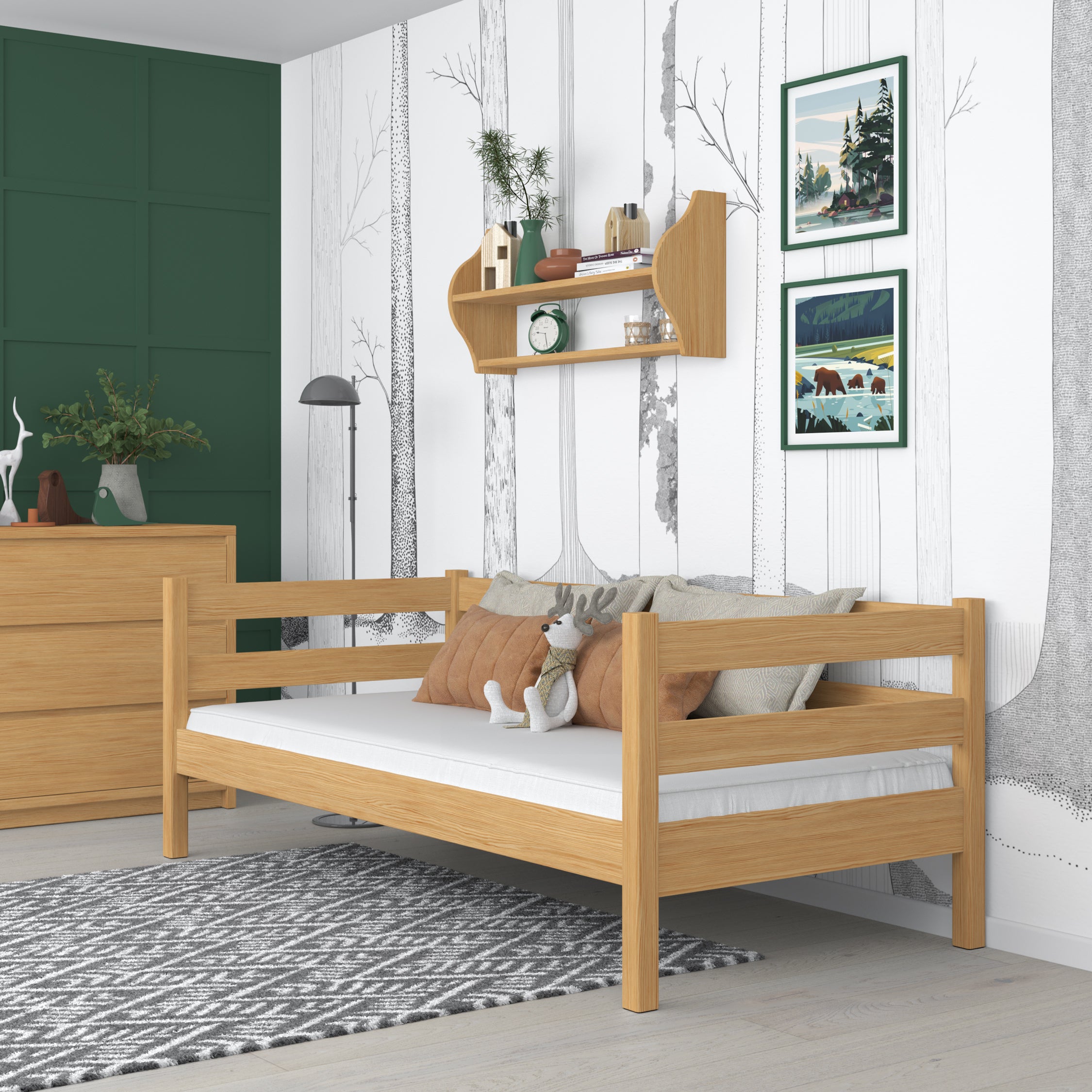 Sofa bed wooden natural pine – side view, shape and proportions of the furniture