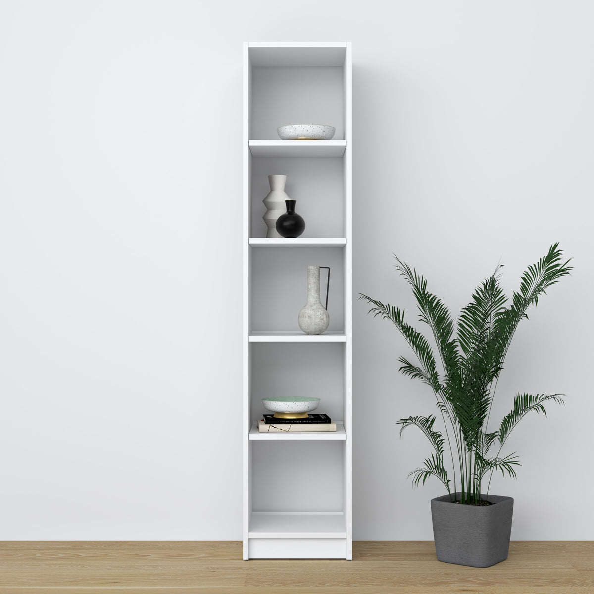 Bookcase wooden white – close-up of shelves and details, Nizio Home