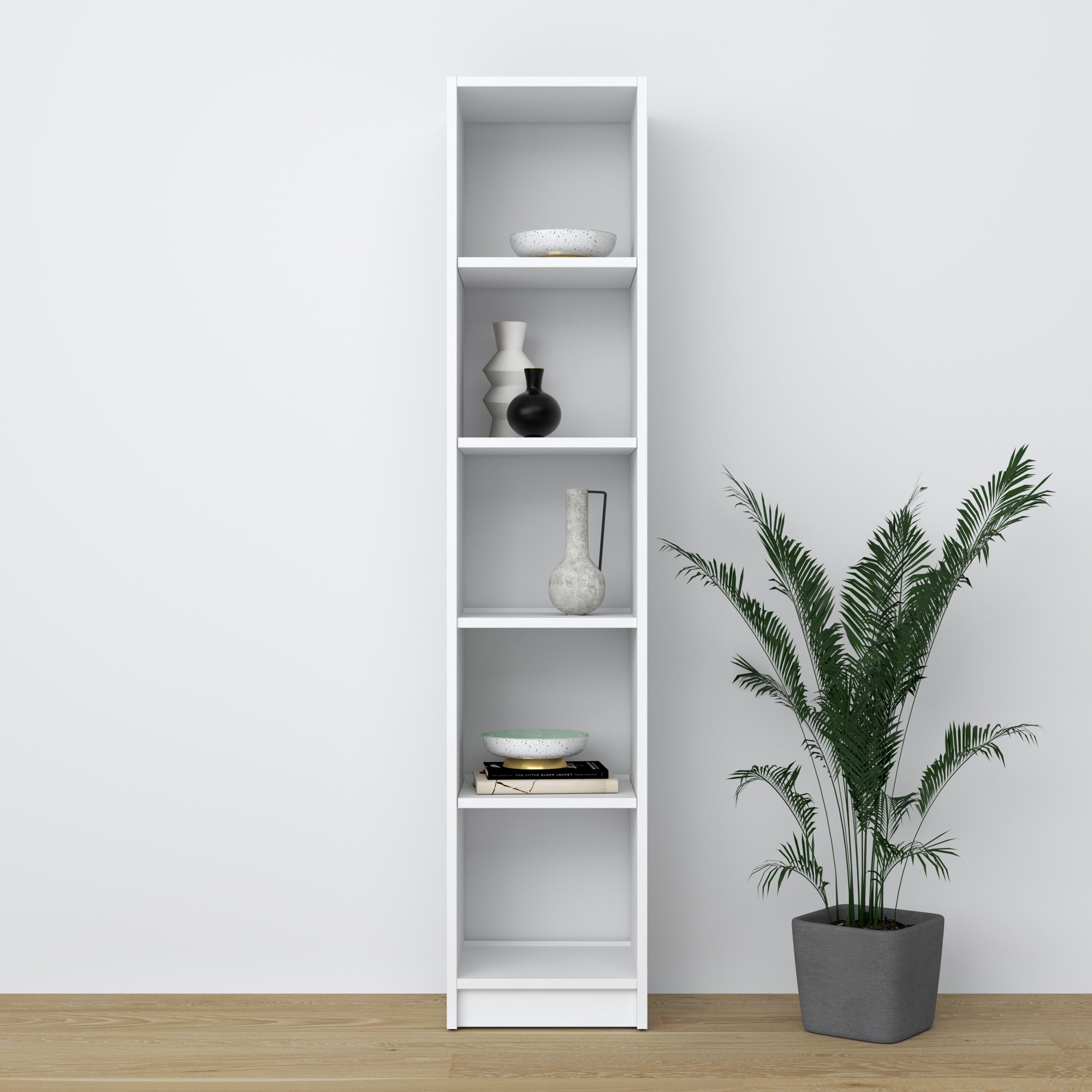 Bookcase wooden white – close-up of shelves and details, Nizio Home