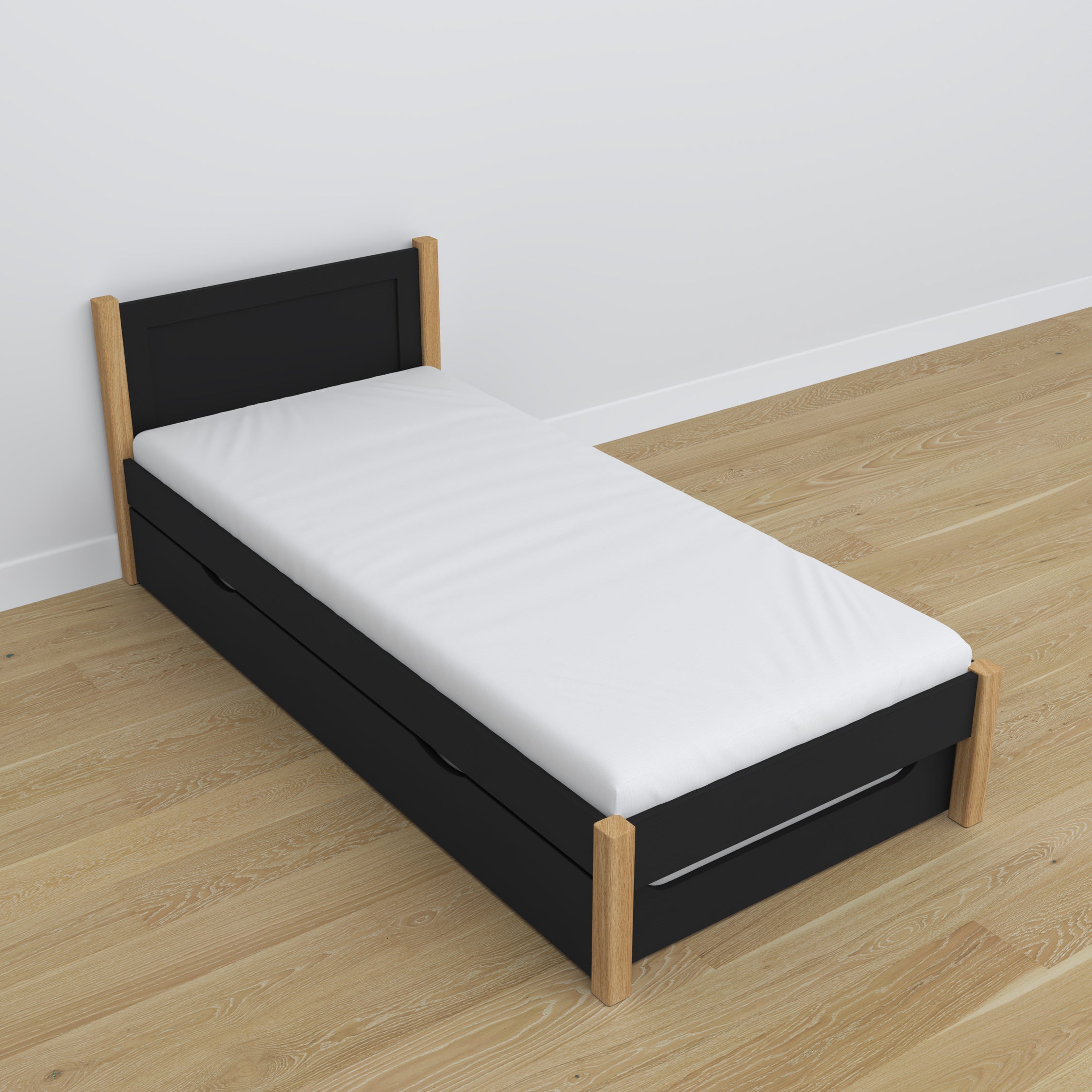 Bed with mattress drawer black-oak made of wood – dimensions, Nizio